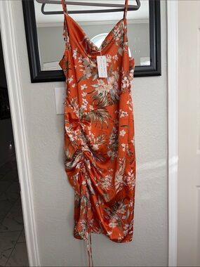 Tropical Ruched Satin Midi Dress in Burnt Orange
